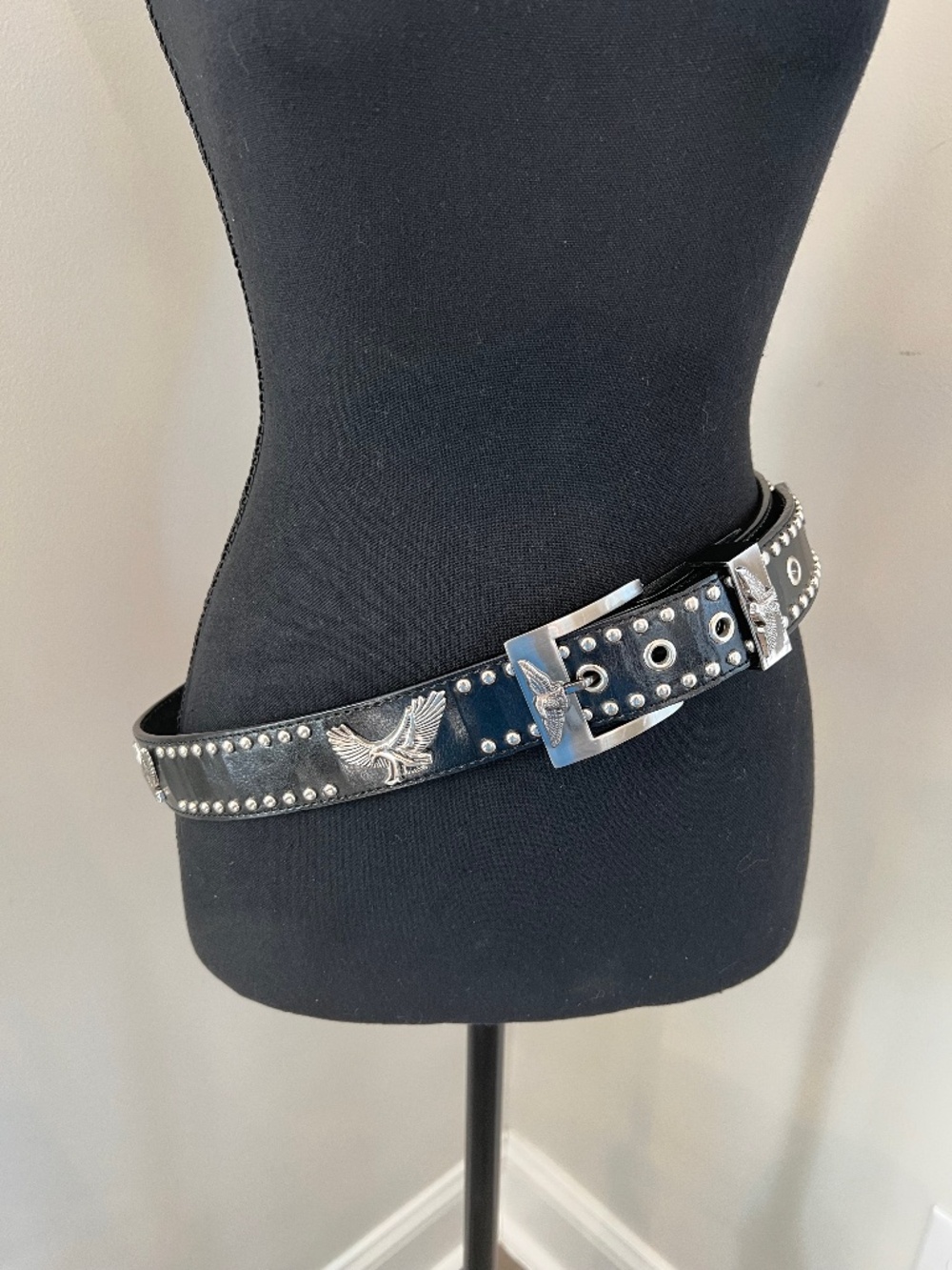 Women's Black Italian leather PU Split studded belt with silver eagle design